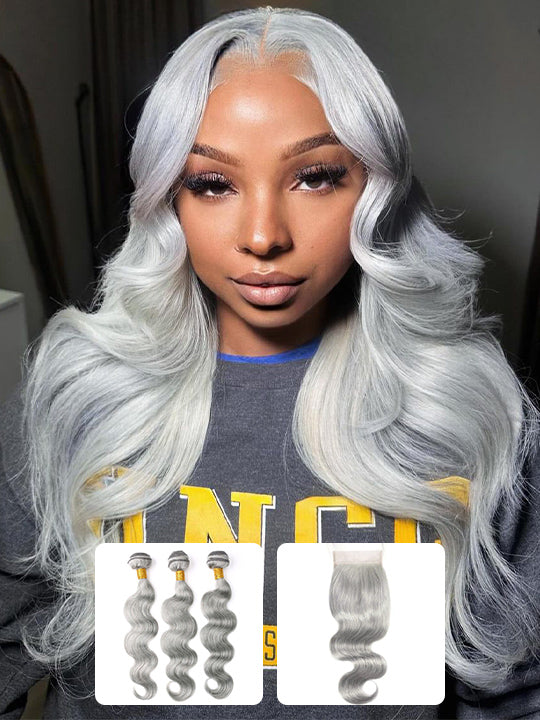 Silver Grey Bundles With 5x5 13x4 Lace Frontal Closure Body Wave Human Hair